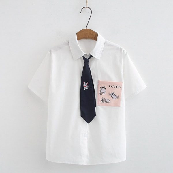 College Style T-Shirt Sweet Pocket Cat Embroidered Tie - Modakawa Modakawa
