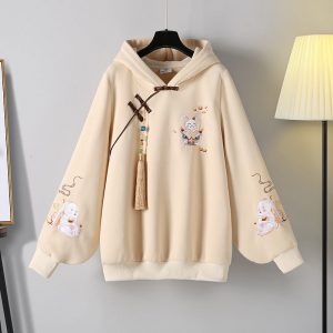 Cute Bunny Print Fringed Two Pieces Vintage Sweatshirt Skirt Set - Modakawa Modakawa