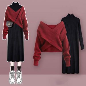 Pure Color Cross Knit Sweater Dress Two Pieces Set - Modakawa modakawa