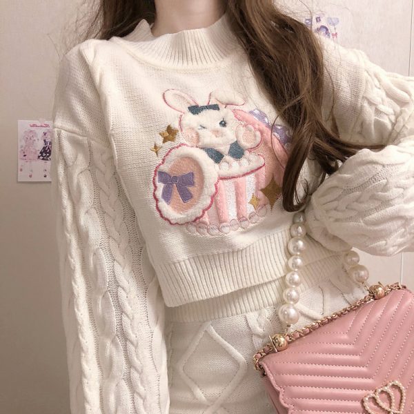 Bunny Embroidery Crop Sweater Skirt - Modakawa Modakawa