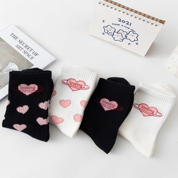 Cute Black Pink Love Heart Cotton Socks - Modakawa Modakawa