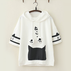 Kawaii Cat Paw Drawstring Summer Hooded T-shirt - Modakawa Modakawa