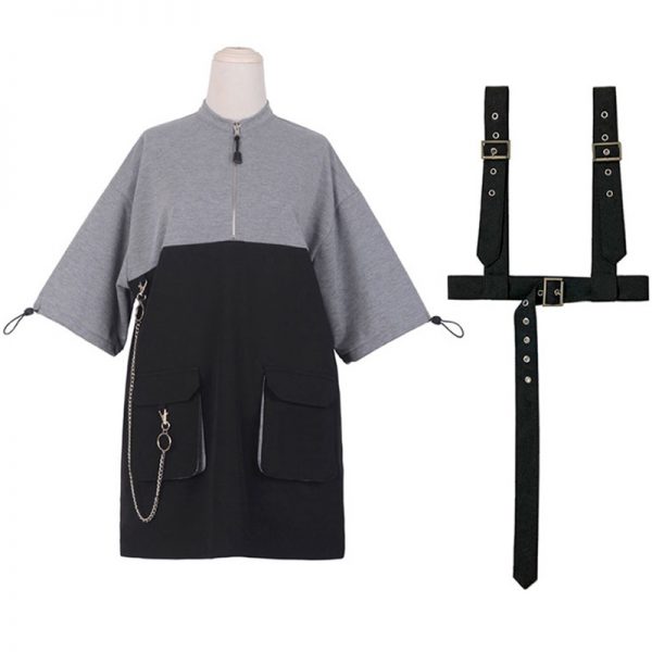 Punk Zipper Chain Pocket T-Shirt Dress with Chest Waist Strap Adjustable Buckle Belt - Modakawa Modakawa