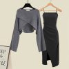 Chic Cross Sweater Ruffled Split Slip Dress Two Pieces - Modakawa modakawa