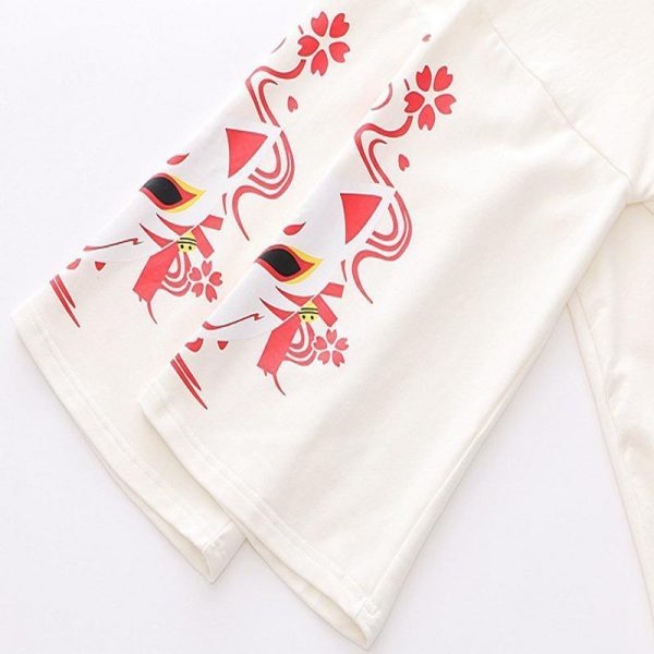 Sakura Fox Mask Print Drawstring T-Shirt - Modakawa Modakawa