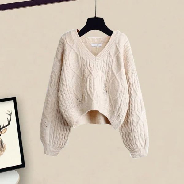V-neck Cable Knit Sweater Flouncing A-line Slip Dress Two Pieces - Modakawa Modakawa