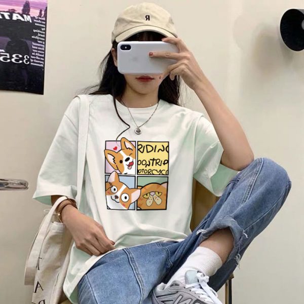 Cute Cartoon Print Loose T-Shirt - Modakawa Modakawa