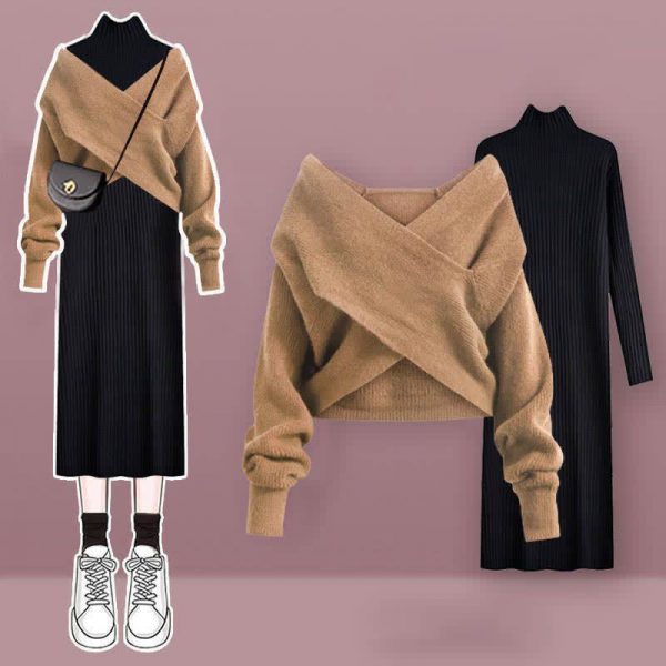 Pure Color Cross Knit Sweater Dress Two Pieces Set - Modakawa modakawa
