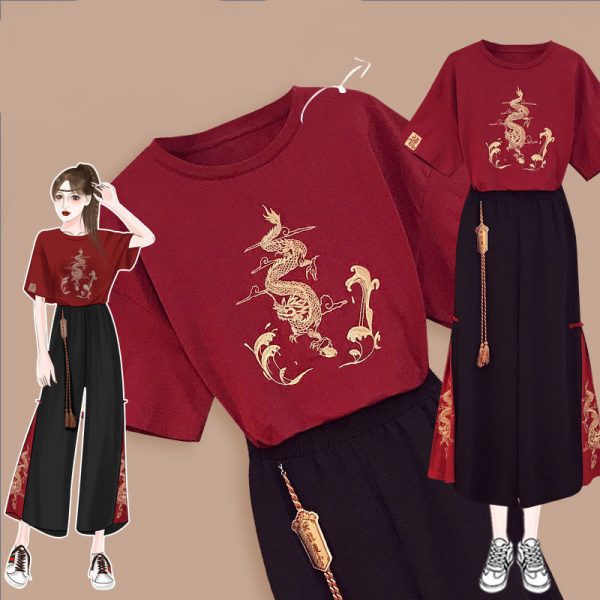 Vintage Dragon Embroidery T-Shirt Tassel Pants Set - Modakawa Modakawa