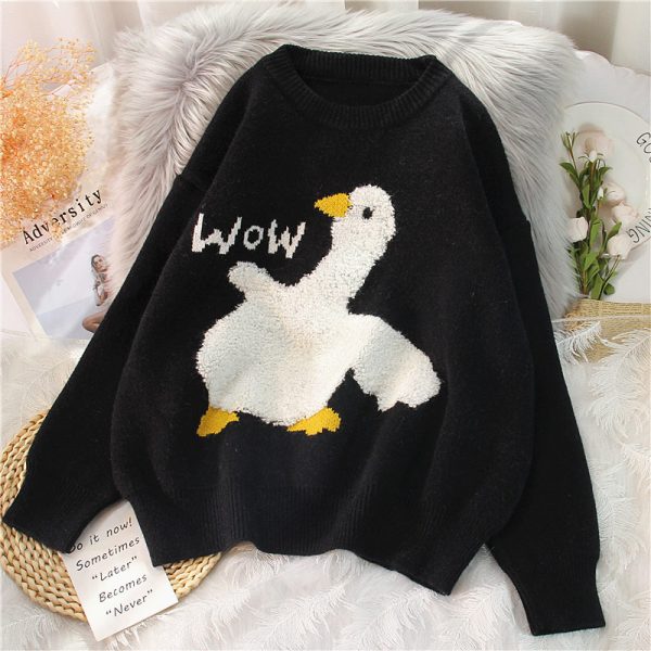 Cute Duck Print Knitted Sweater - Modakawa Modakawa