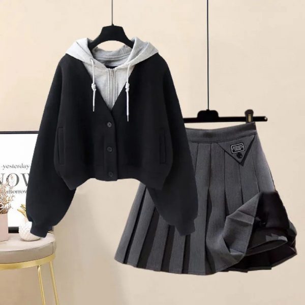 Colorblock Pocket Hoodie Pleated Skirt Two Pieces Set - Modakawa Modakawa
