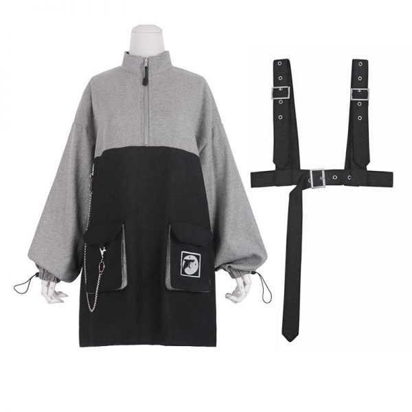 Punk Zipper Chain Pocket Sweatshirt Dress with Chest Waist Strap Adjustable Buckle Belt - Modakawa Modakawa