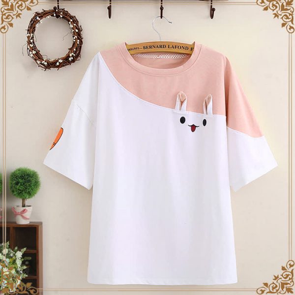 Cartoon Bunny Print Colorblock T-Shirt - Modakawa modakawa