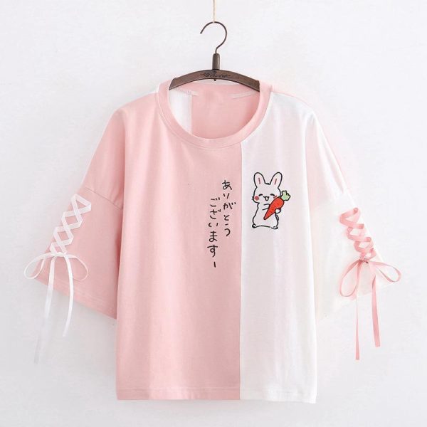 Japanese Rabbit Carrot Lace Up Color Block T-Shirt - Modakawa Modakawa