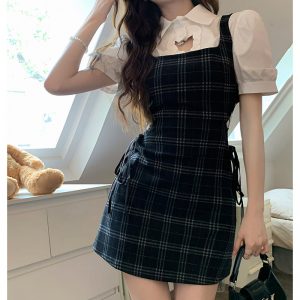 Love Heart Hollow Out T-Shirt Lace Up Plaid Dress Two Pieces - Modakawa Modakawa