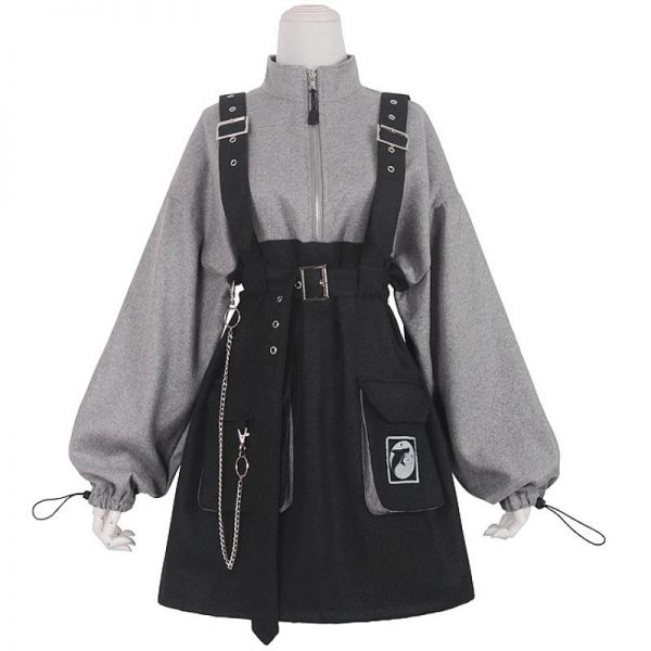 Punk Zipper Chain Pocket Sweatshirt Dress with Chest Waist Strap Adjustable Buckle Belt - Modakawa Modakawa