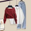 Cross Knit Sweater Lapel Shirt Denim Pants Three Pieces - Modakawa Modakawa