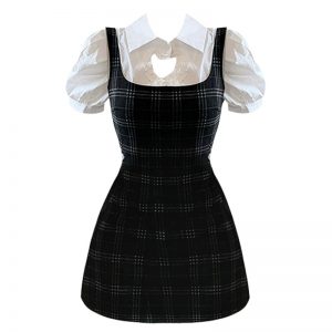 Love Heart Hollow Out T-Shirt Lace Up Plaid Dress Two Pieces - Modakawa Modakawa