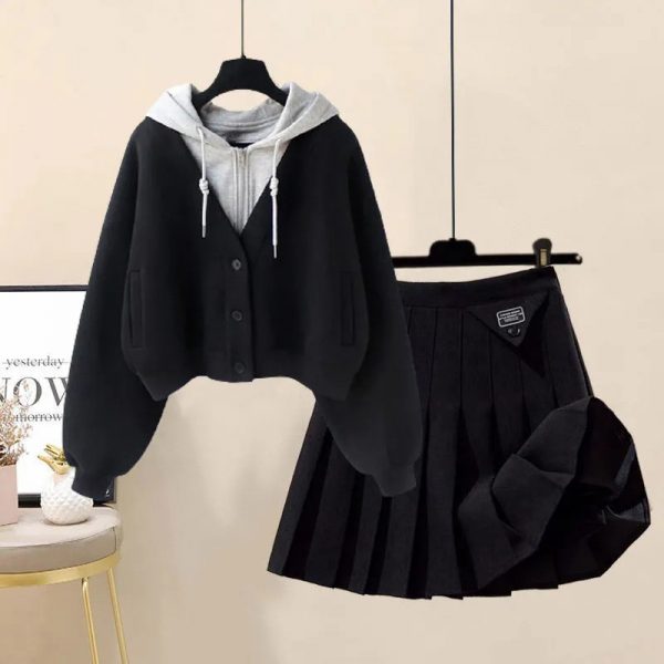 Colorblock Pocket Hoodie Pleated Skirt Two Pieces Set - Modakawa Modakawa