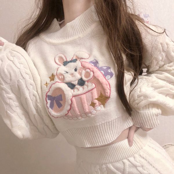 Bunny Embroidery Crop Sweater Skirt - Modakawa Modakawa