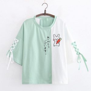 Japanese Rabbit Carrot Lace Up Color Block T-Shirt - Modakawa Modakawa